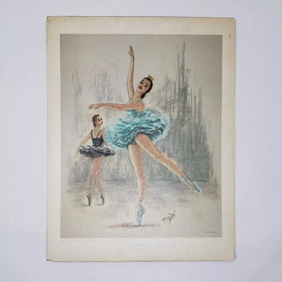 Vintage Two Ballerinas CINDERELLA by Monte c 1940's Print E.G.Co Wall Art Print - Picture 1 of 8